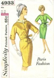 4933 SIMPLICITY 1963 KIMONO BUTTON DRESS, TIE BELT, DICKEY PATTERN 12 32B